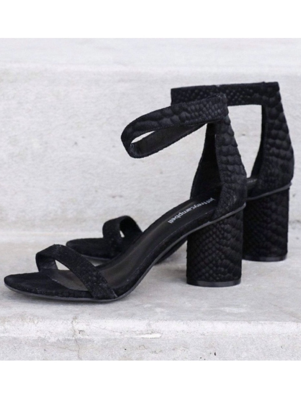 Jeffrey Campbell Laura Heels Size 6.5 Black Croc Ankle Strap Sandal Classic Chic